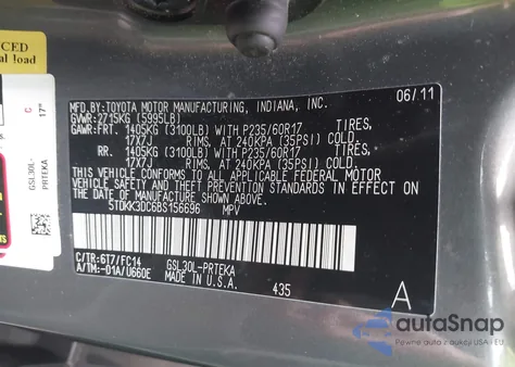 2011 Toyota Sienna Le V6 z USA, uszkodzony, nr VIN 5TDKK3DC6BS156696